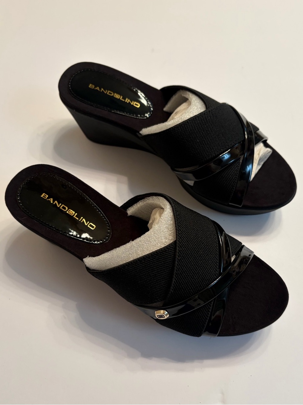Bandolino Black Crisscross Patent Accent Wedge Mules